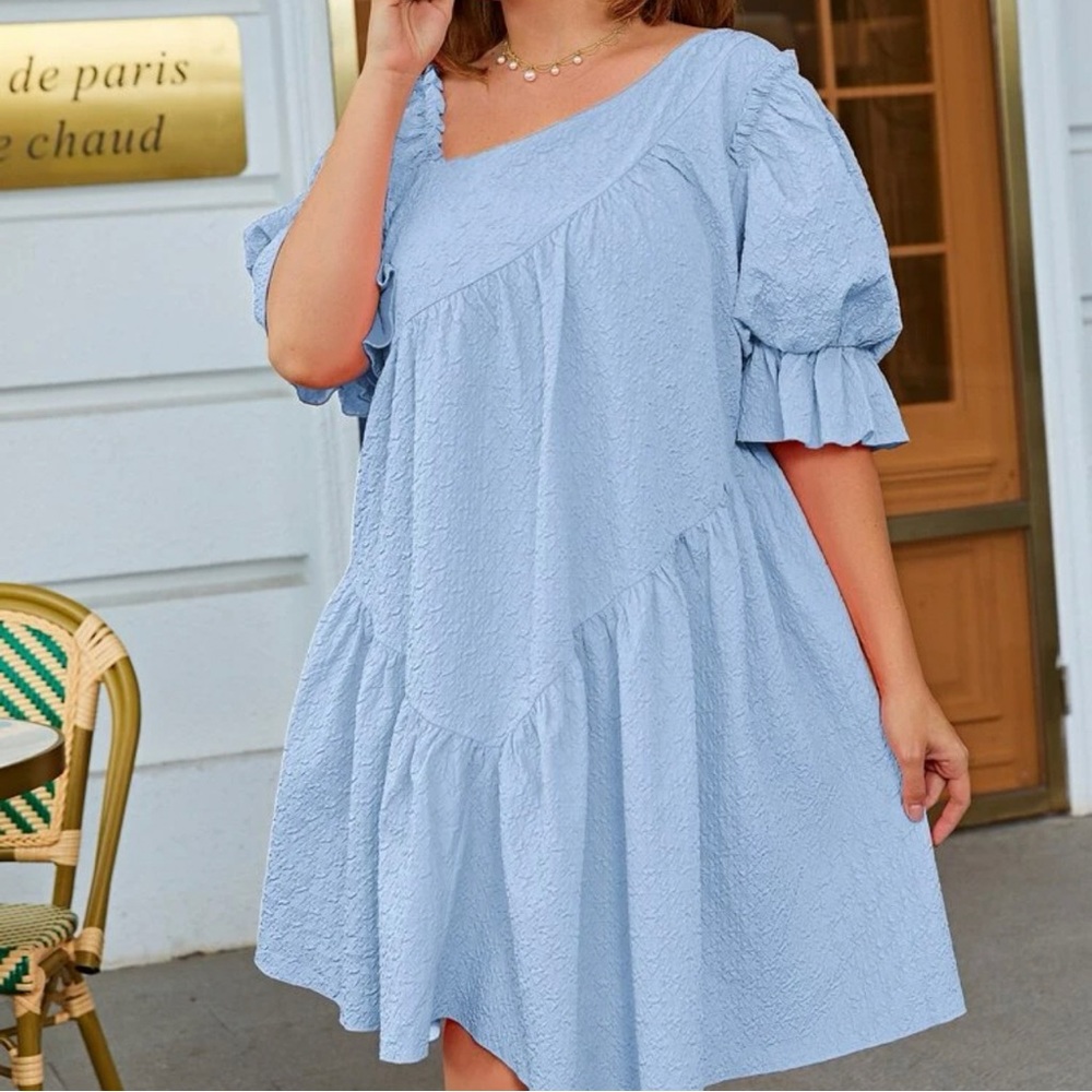 Asymmetrical Smock Dress with Ruffle Short Sleeves Light Blue Plus Size Knee Len